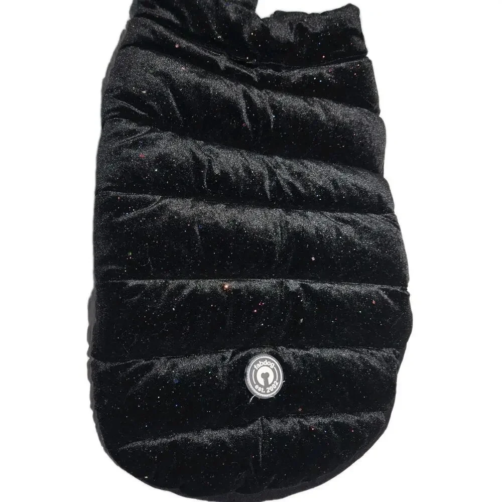 Fab Dog Pet Apparel Soft Velvety Puffer Coat Jacket Black Rainbow Sparkles L